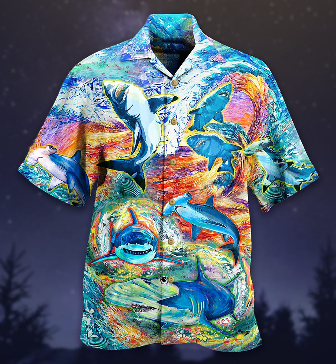 Watercolor Shark Hawaiian Shirt Design Detail For Beach Days And Holiday Travel