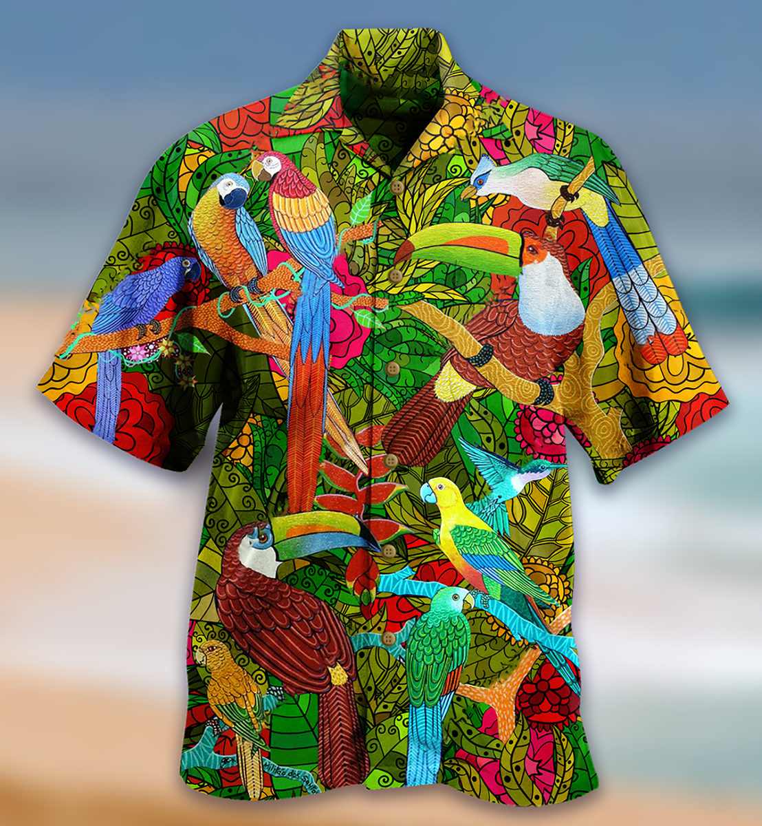 Parrot Sky Hawaiian Shirt Artwork Detail For Tropical Trips And Casual Outings