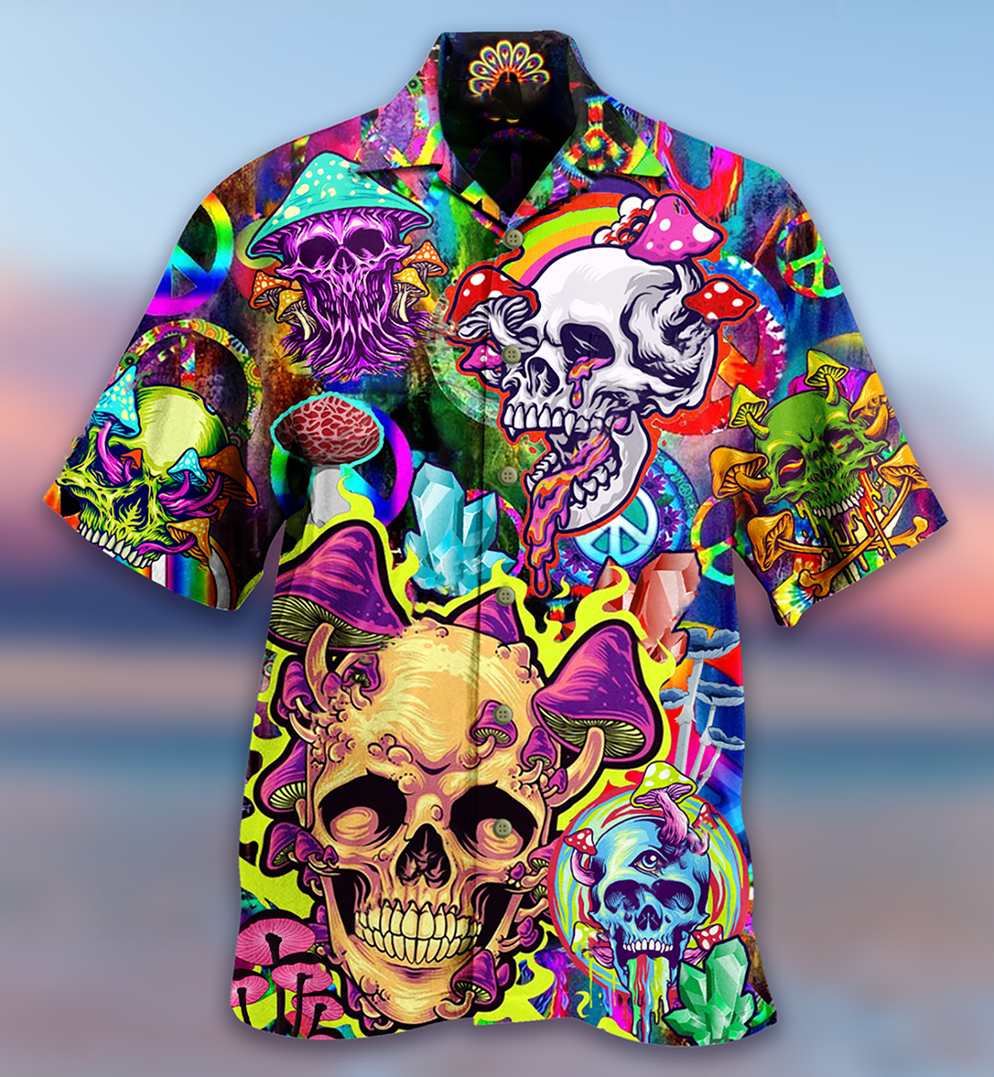 Rainbow Vintage Skull Smiling Hawaiian Shirt Design Detail For Sunny Adventures And Casual Wear