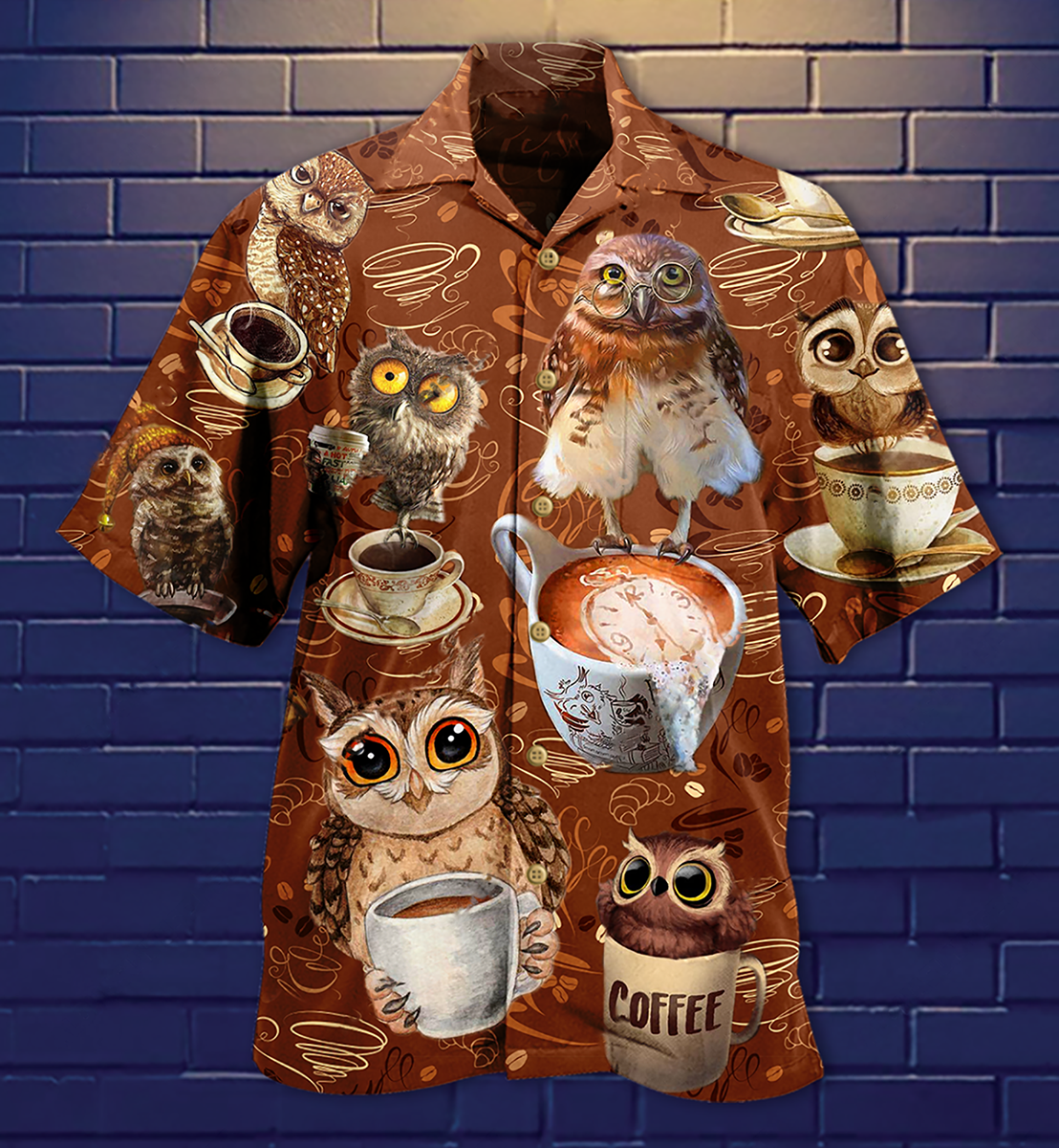 Coffee Owl Hawaiian Shirt Pattern Detail For Summer Holidays And Outdoor Fun