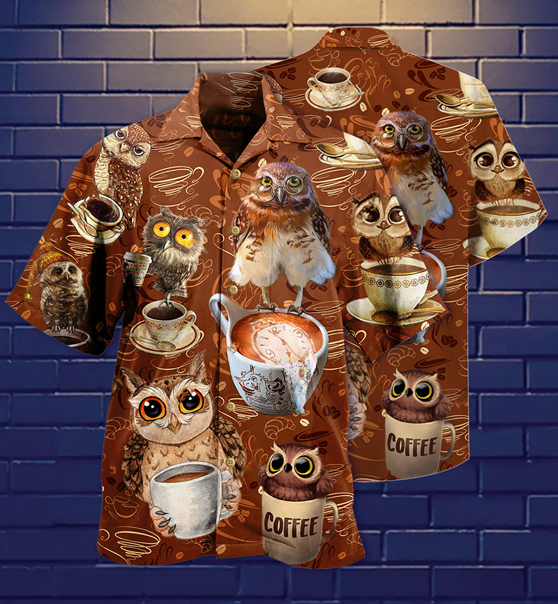 Coffee Owl Hawaiian Shirt For Vacation Days And Relaxed Coastal Outings