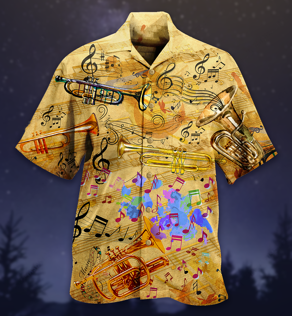 Vintage Peaceful Music Trumpet Hawaiian Shirt Artwork View For Coastal Escapes And Resort Style
