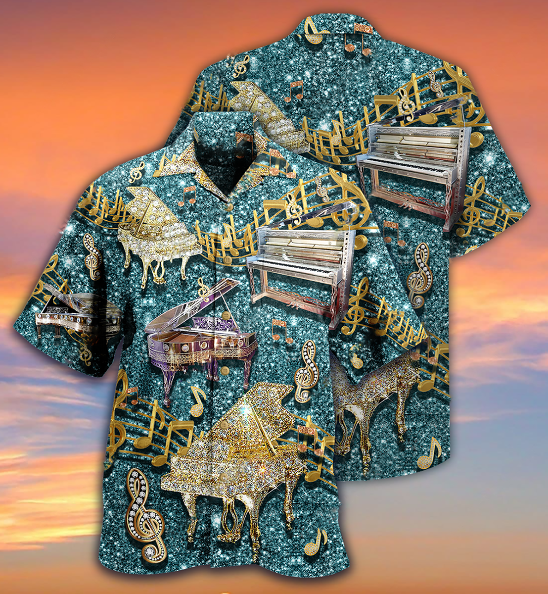 Piano Music Diamond Hawaiian Shirt Pattern Detail For Vacation Travel And Daily Wear