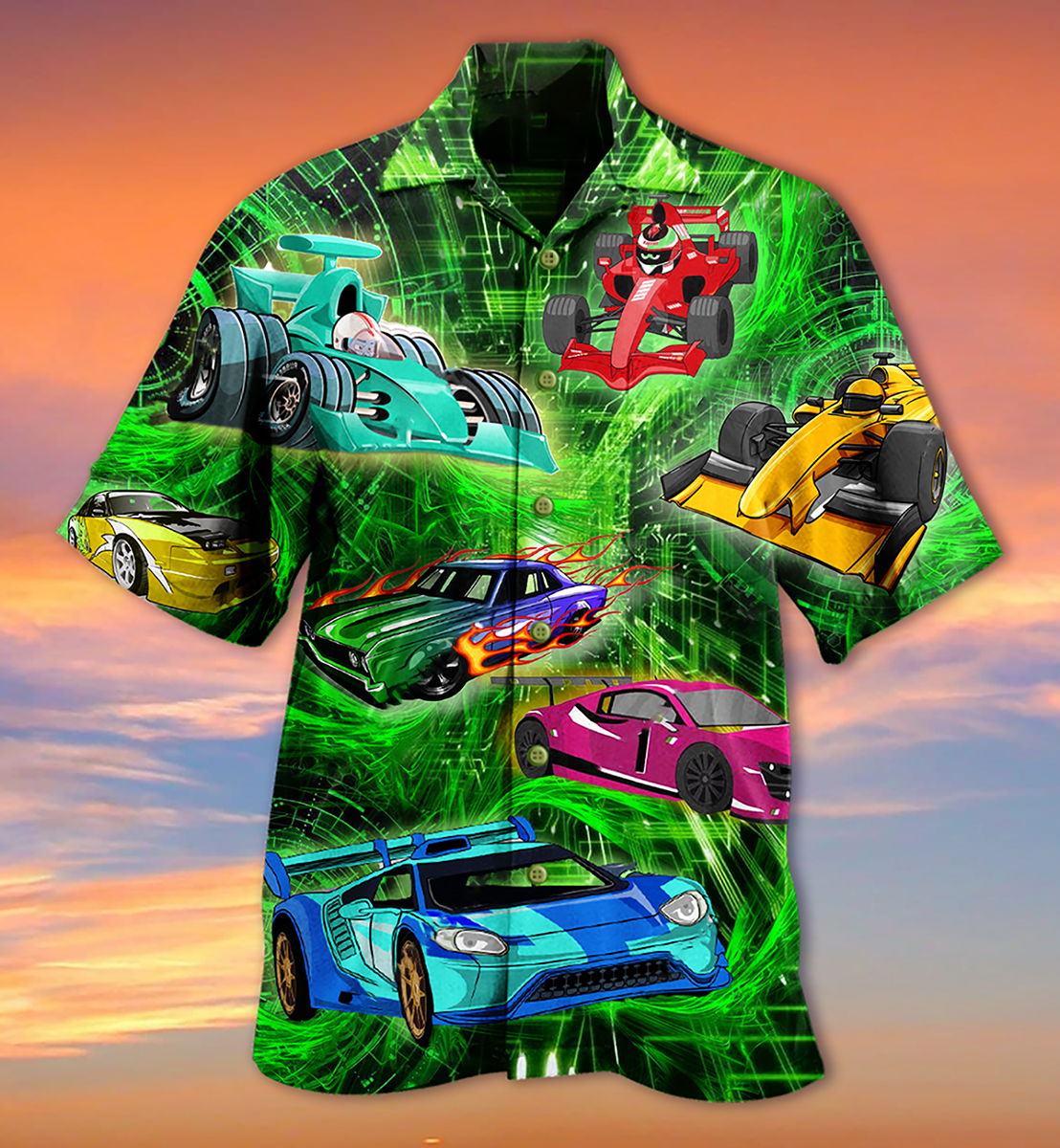 Green Classic Car Hawaiian Shirt With All Over Print For Tropical Getaways Outdoor Fun And Everyday Wear