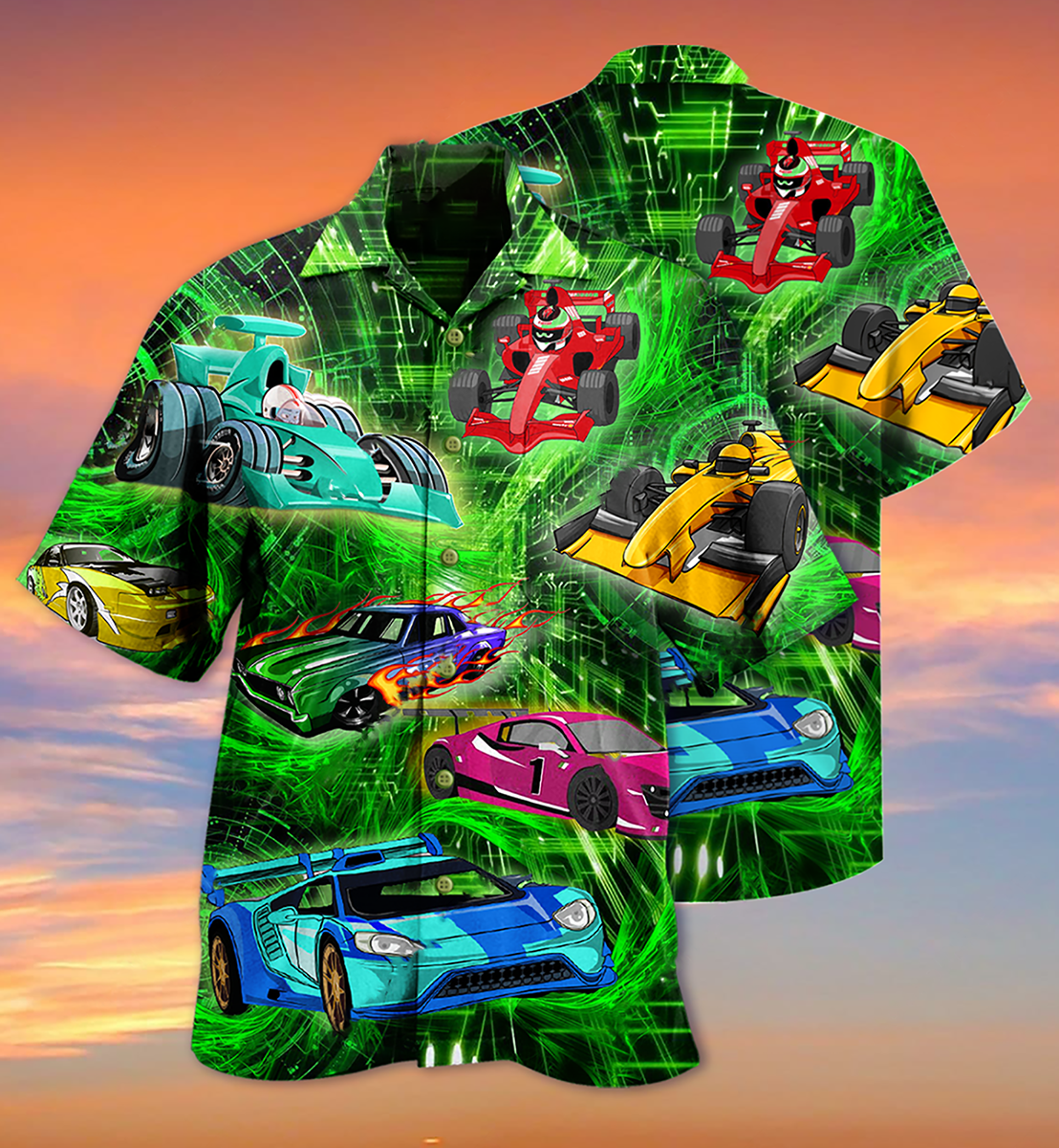 Green Classic Car Hawaiian Shirt With Detailed Graphic For Tropical Getaways Outdoor Fun And Everyday Wear