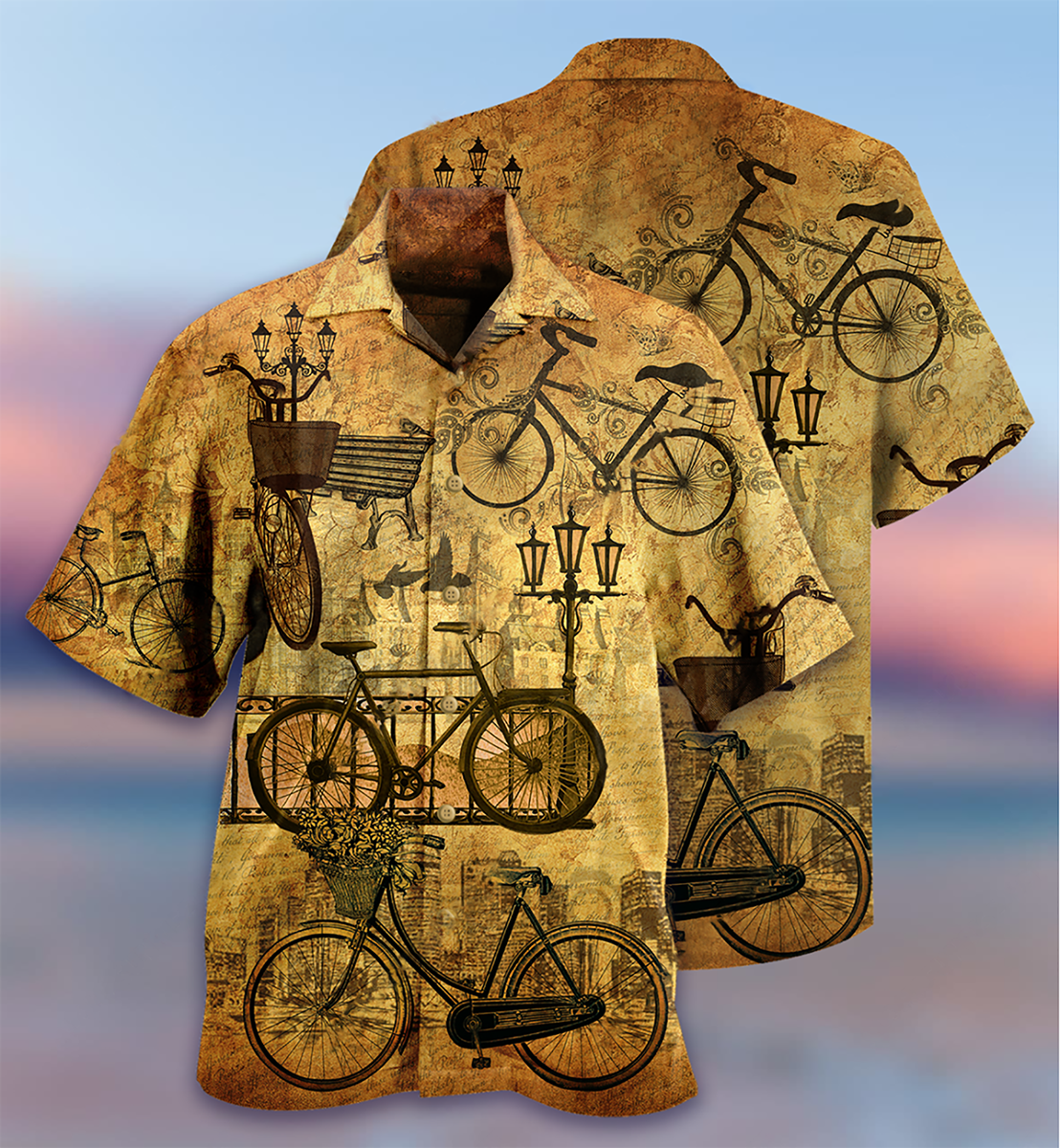 Vintage Bicycle Sunset Hawaiian Shirt For Vacation Days And Relaxed Coastal Outings
