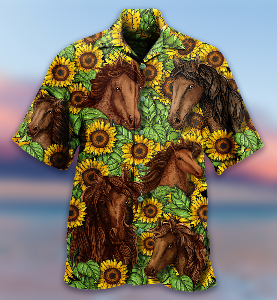 Horse Sunflower Amazing Hawaiian Shirt Artwork Detail For Resort Trips And Outdoor Activities