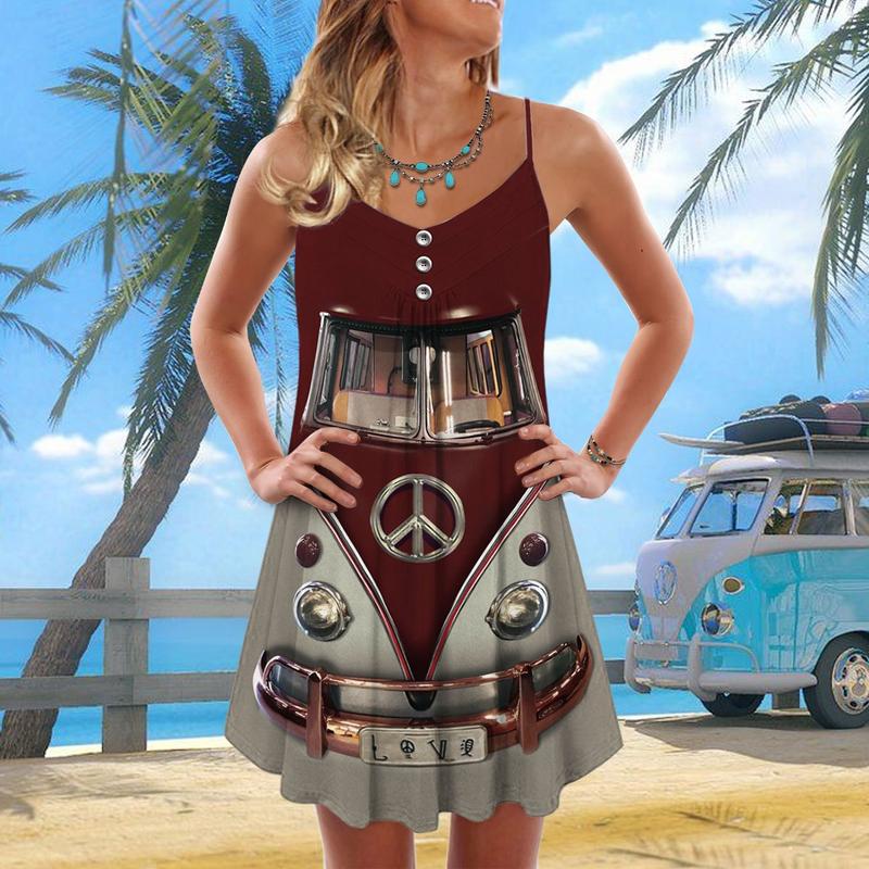 Hippie Van Retro V-Neck Sleeveless Cami Dress For Music Festivals And Thoughtful Boho Gifting