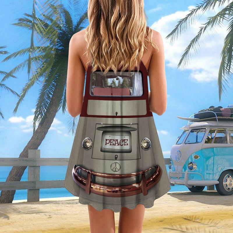 Artistic Hippie Van Retro V-Neck Sleeveless Cami Dress For Boho Festivals And Relaxed Summer Style