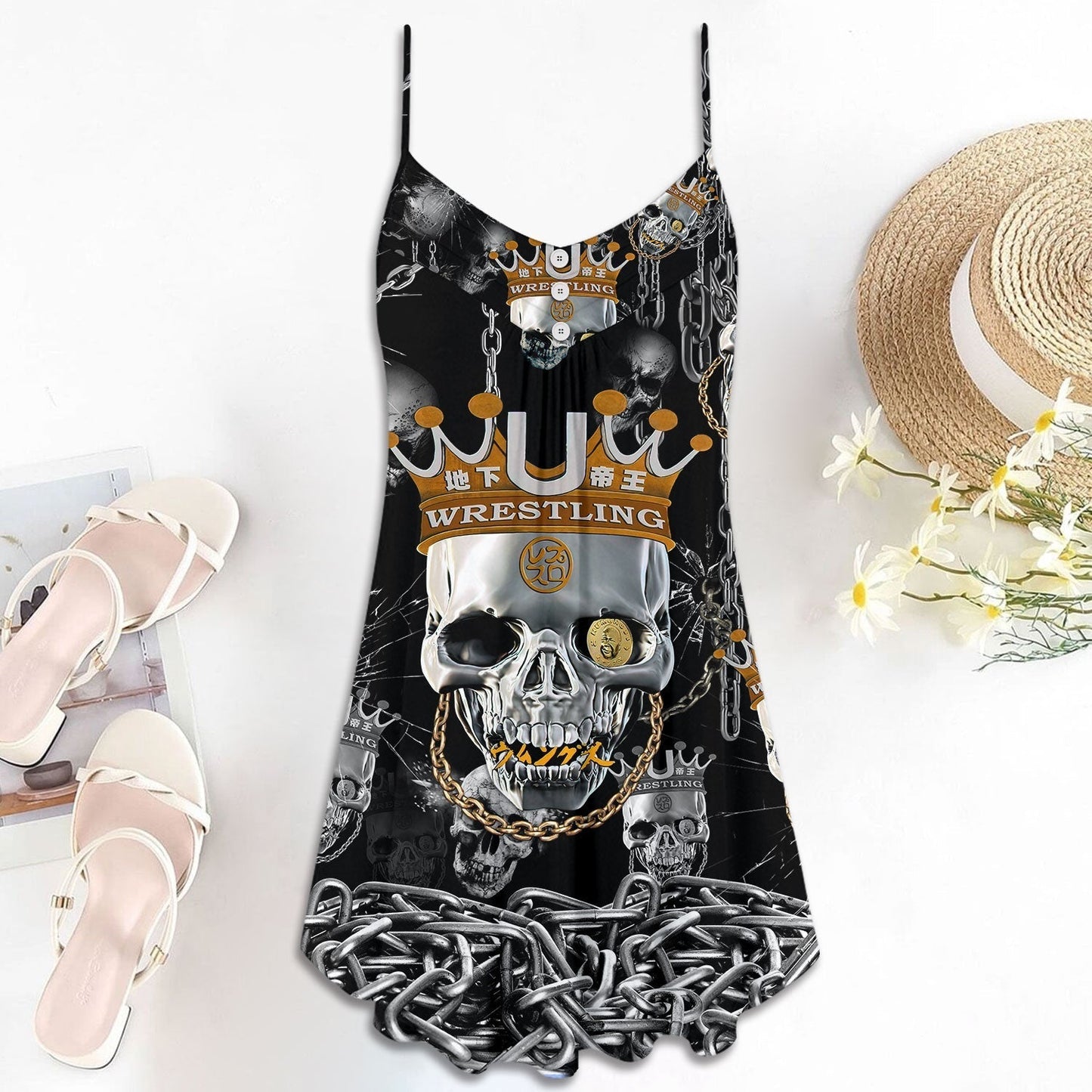 Skull Wrestling Chain Oh My Skull V-Neck Sleeveless Cami Dress For Dark Art Lovers And Thoughtful Gifting