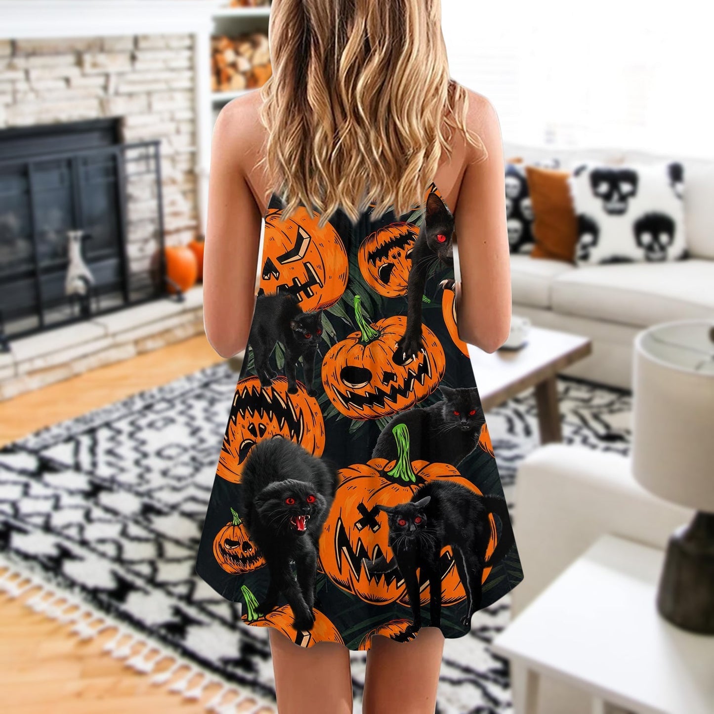 Halloween Tropical Black Cat Pumpkin V-Neck Sleeveless Cami Dress For Vacations And Casual Warm Weather Wear