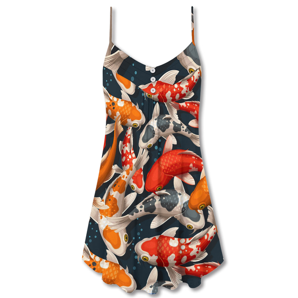 Colorful Koi Fish Swimming V-Neck Sleeveless Cami Dress For Summer Events And Comfortable Everyday Style