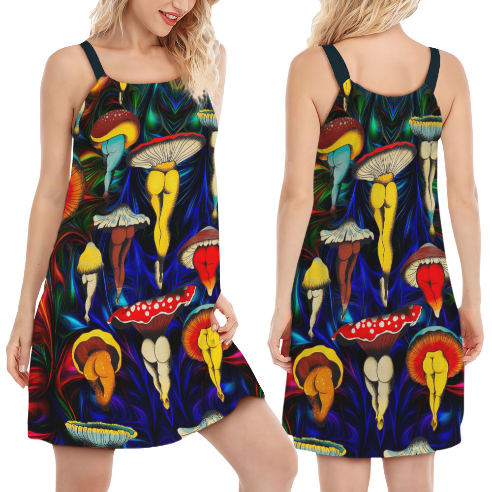 Hippie Mushroom Funny Joyful Spirit V-Neck Sleeveless Cami Dress For Vacations And Artistic Everyday Fashion