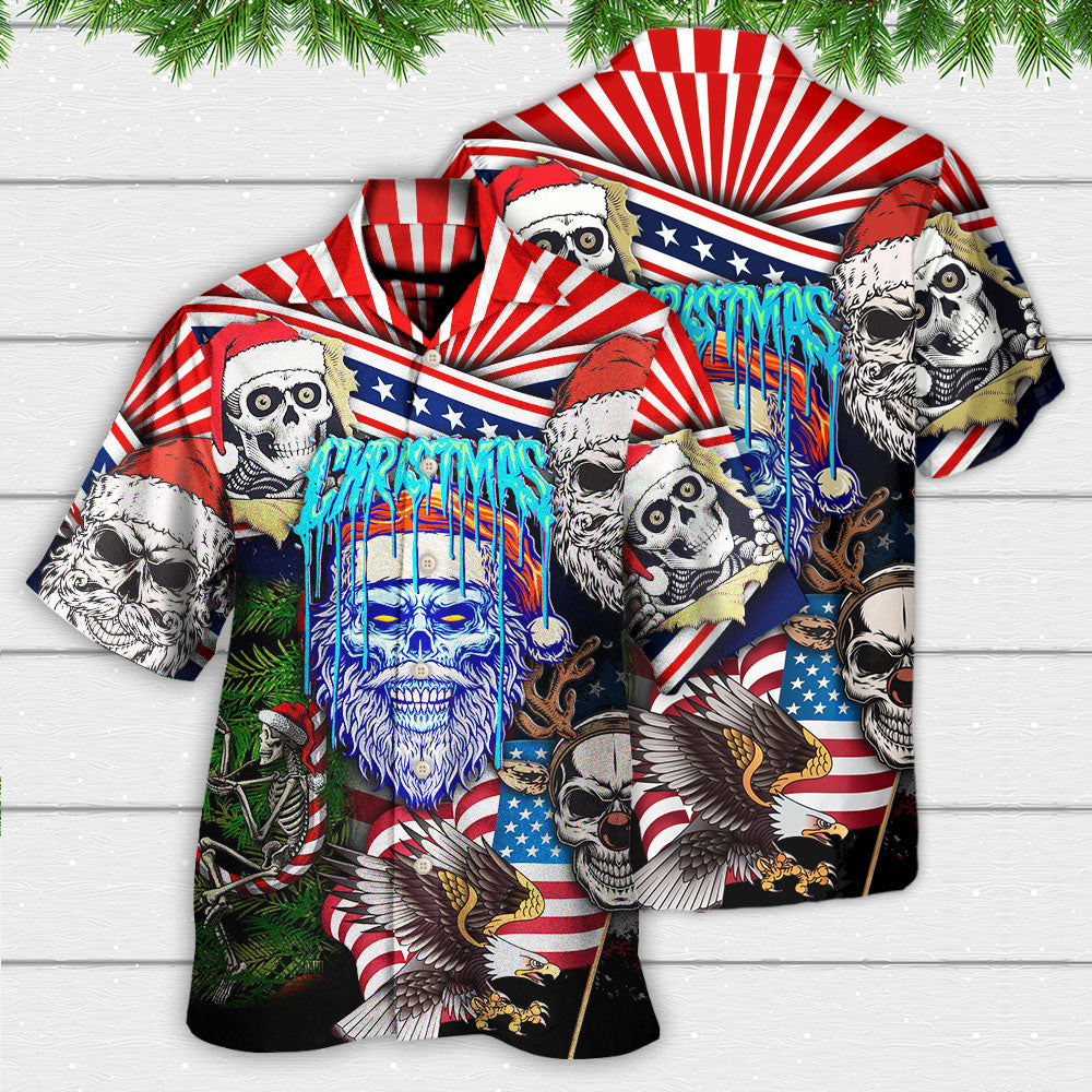 Skull Christmas US Flag Skeleton Horror Hawaiian Shirt For Vacation Days And Relaxed Coastal Outings