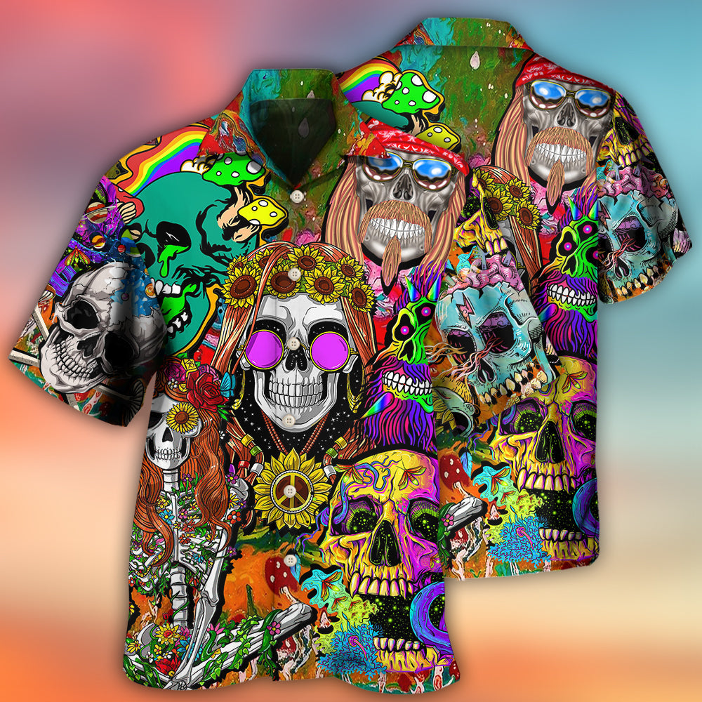 Psychedelic Colorful Hippie Skull Hawaiian Shirt Design View For Tropical Vacations