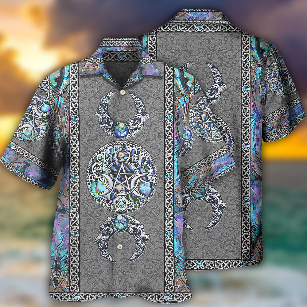 Wicca Mystic Triple Moon Witch Symbol Hawaiian Shirt Artwork Detail For Resort Trips And Outdoor Activities