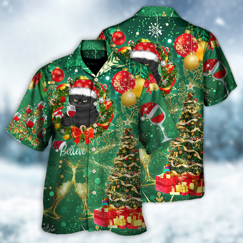 Black Happy Green Cat Christmas Drinking Tree Hawaiian Shirt Artwork Detail For Tropical Trips And Casual Outings