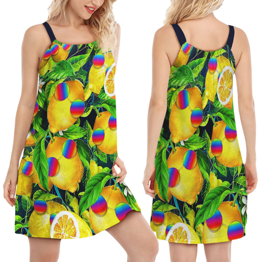 Hippie Funny Lemon Peace V-Neck Sleeveless Cami Dress For Vacations And Artistic Everyday Fashion