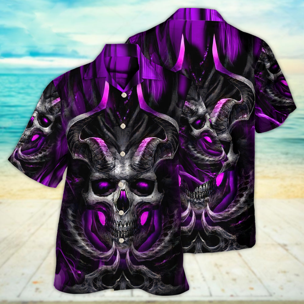 Dark Purple Skull Fire Lighting Hawaiian Shirt Artwork View For Weekend Travel And Beach Style