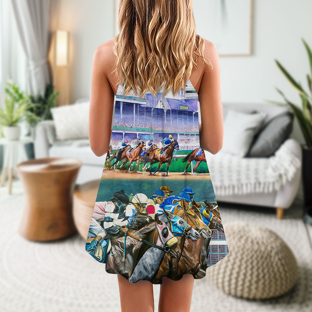 Horse Racing Road Love V-Neck Sleeveless Cami Dress For Beach Trips Parties And Relaxed Warm Weather Style