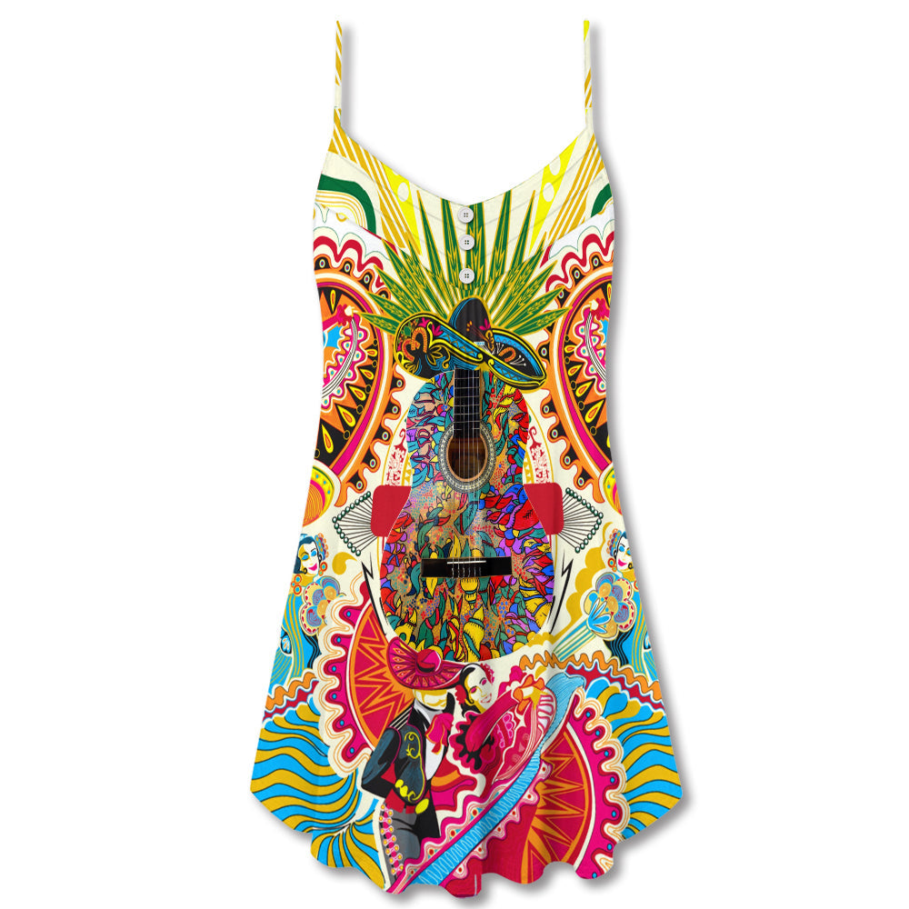 Hippie Peace Love Guitar V-Neck Sleeveless Cami Dress For Summer Vacations Festivals And Casual Everyday Wear