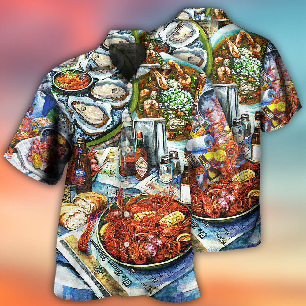 Seafood Drinks Artistic Hawaiian Shirt Pattern Detail For Vacation Travel And Daily Wear