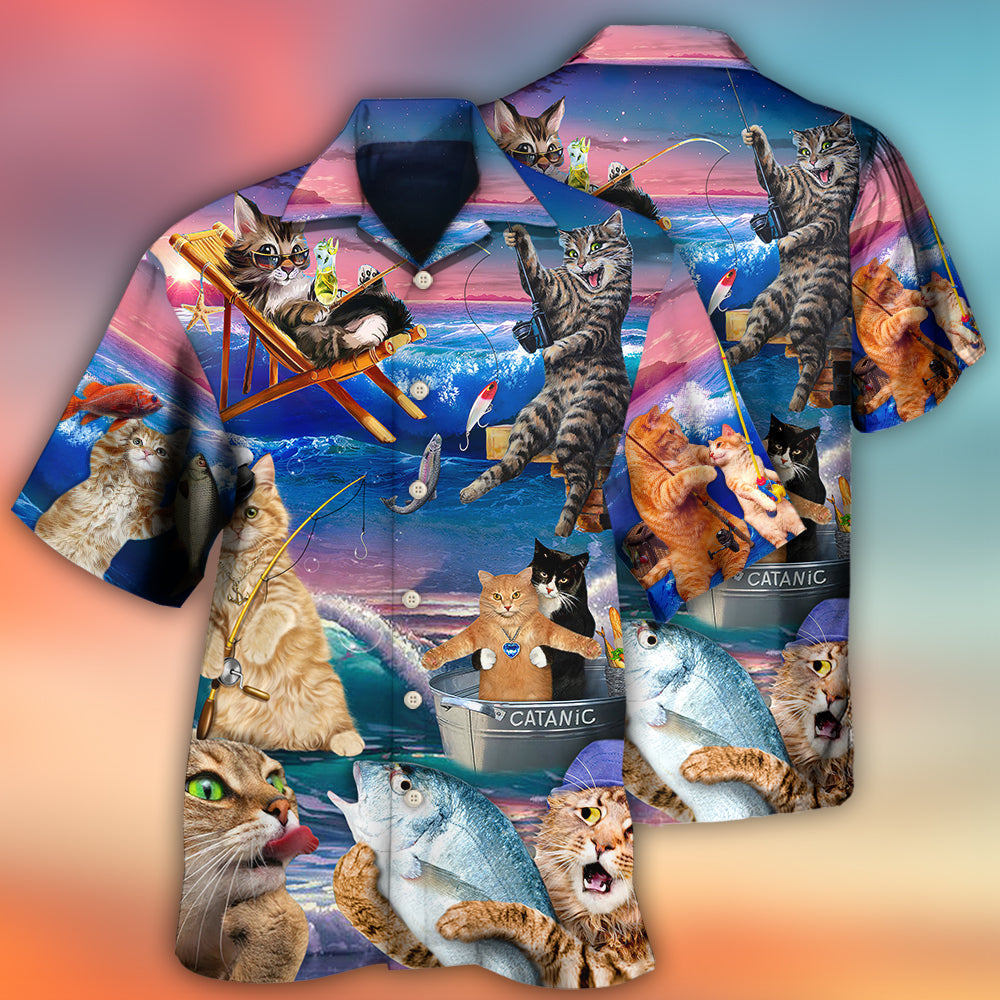 Fishing Cat Beach Hawaiian Shirt Print Closeup For Tropical Vacations