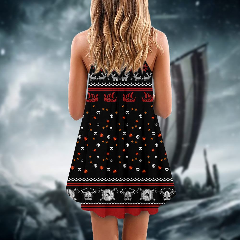Nordic Warrior Red And White V-Neck Sleeveless Cami Dress For Festivals Travel And Relaxed Casual Summer Wear