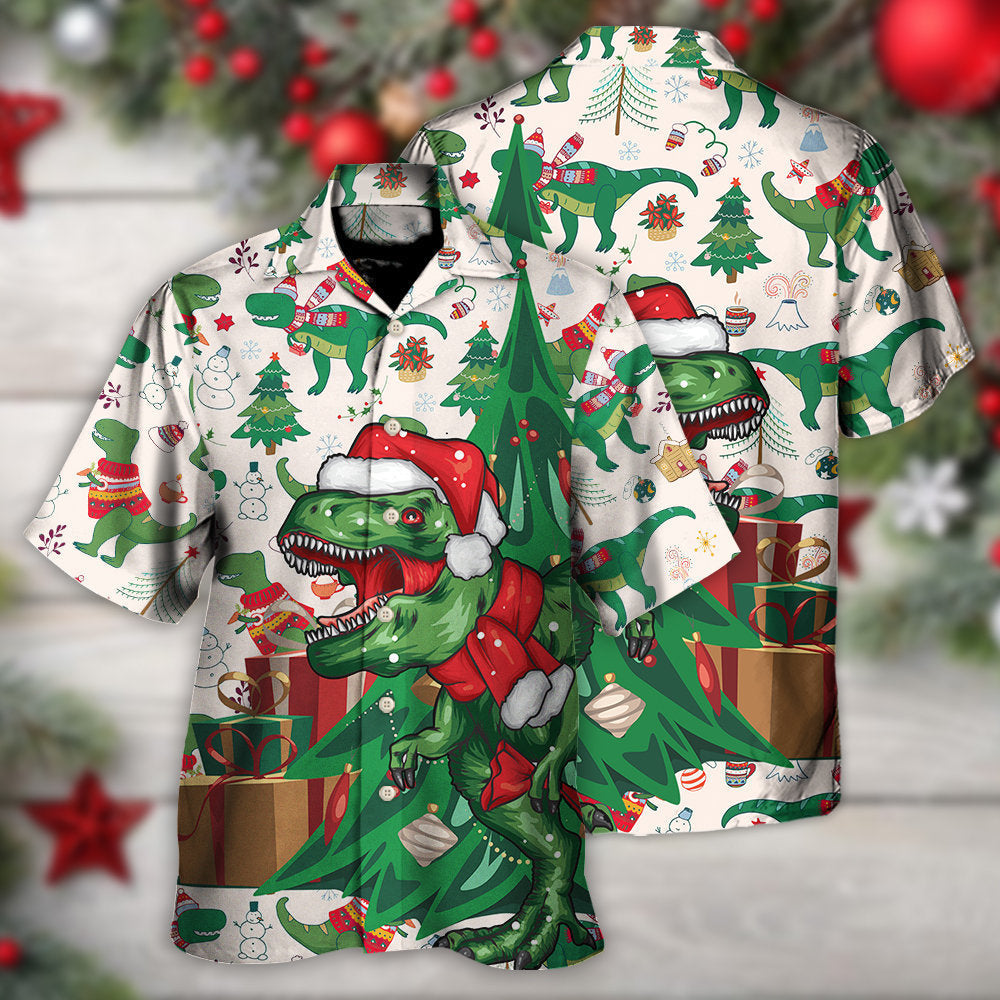 Dinosaur Rexmas Christmas Tree Fun Hawaiian Shirt Artwork Detail For Tropical Trips And Casual Outings