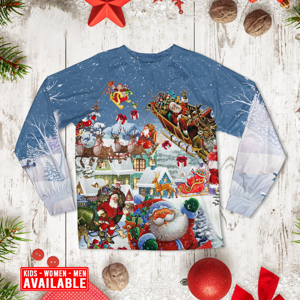 Santa Sleigh Holiday Greeting Long Sleeve Pajamas Set For Holiday Bedtime And Cozy Home Wear