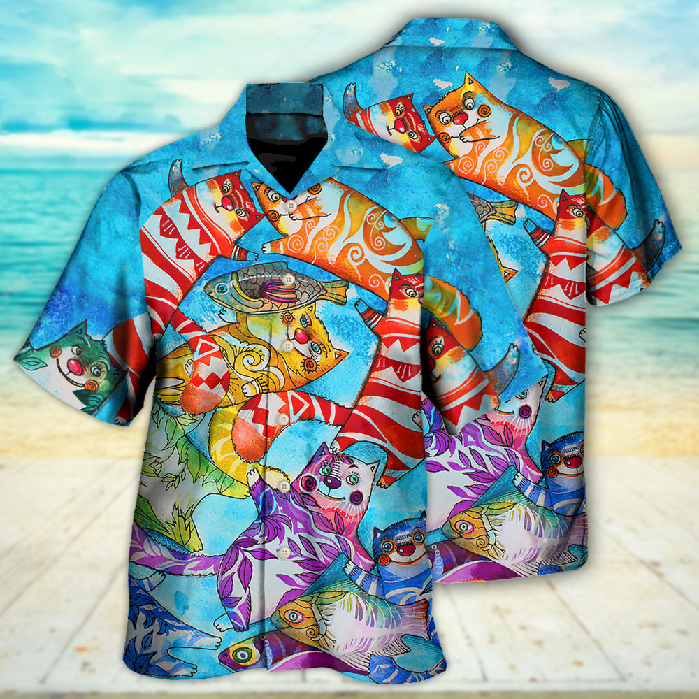 Funny Cat Fish Together Hawaiian Shirt For Vacation Days And Relaxed Coastal Outings