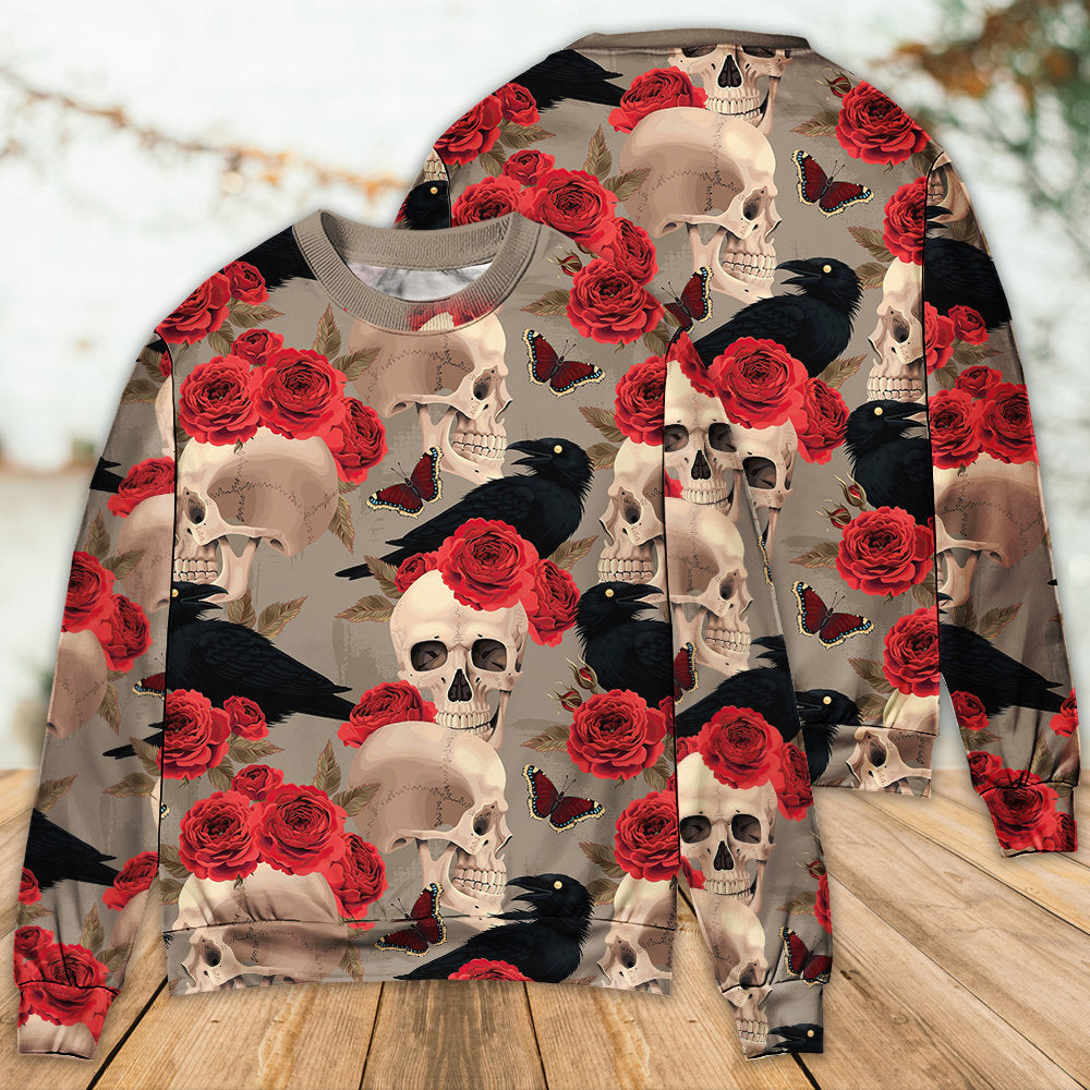 Skull With Rose Flower And Raven Gothic Sweater For Halloween Events Weekend Outings And Creative Gift Giving