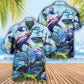 Shark Family Ocean Blue Yellow Glow Hawaiian Shirt Artwork View For Vacation Style