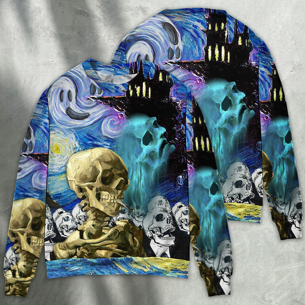 Halloween Skull Smoke Starry Night Sweater For Alternative Outfits Seasonal Events And Everyday Comfort