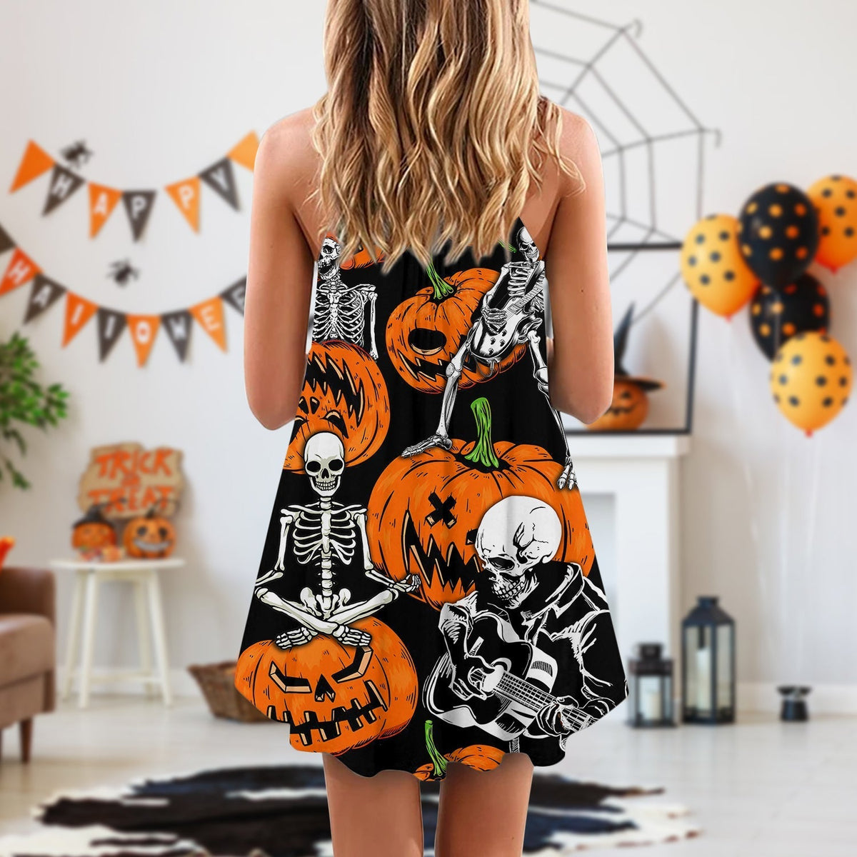 Halloween Skeleton Pumpkin Night V-Neck Sleeveless Cami Dress For Summer Events And Comfortable Everyday Style
