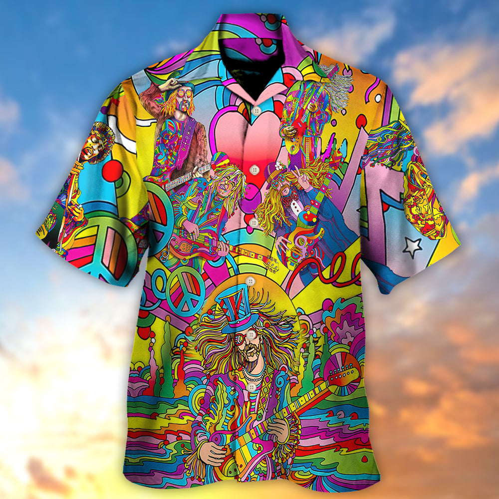 Hippie Music Guitar Musician Hawaiian Shirt Button Front Artwork For Thoughtful Gifting