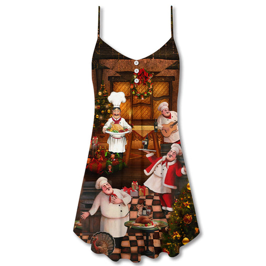 Christmas Food And Chef Theme V-Neck Sleeveless Cami Dress For Festive Events And Casual Summer Styling