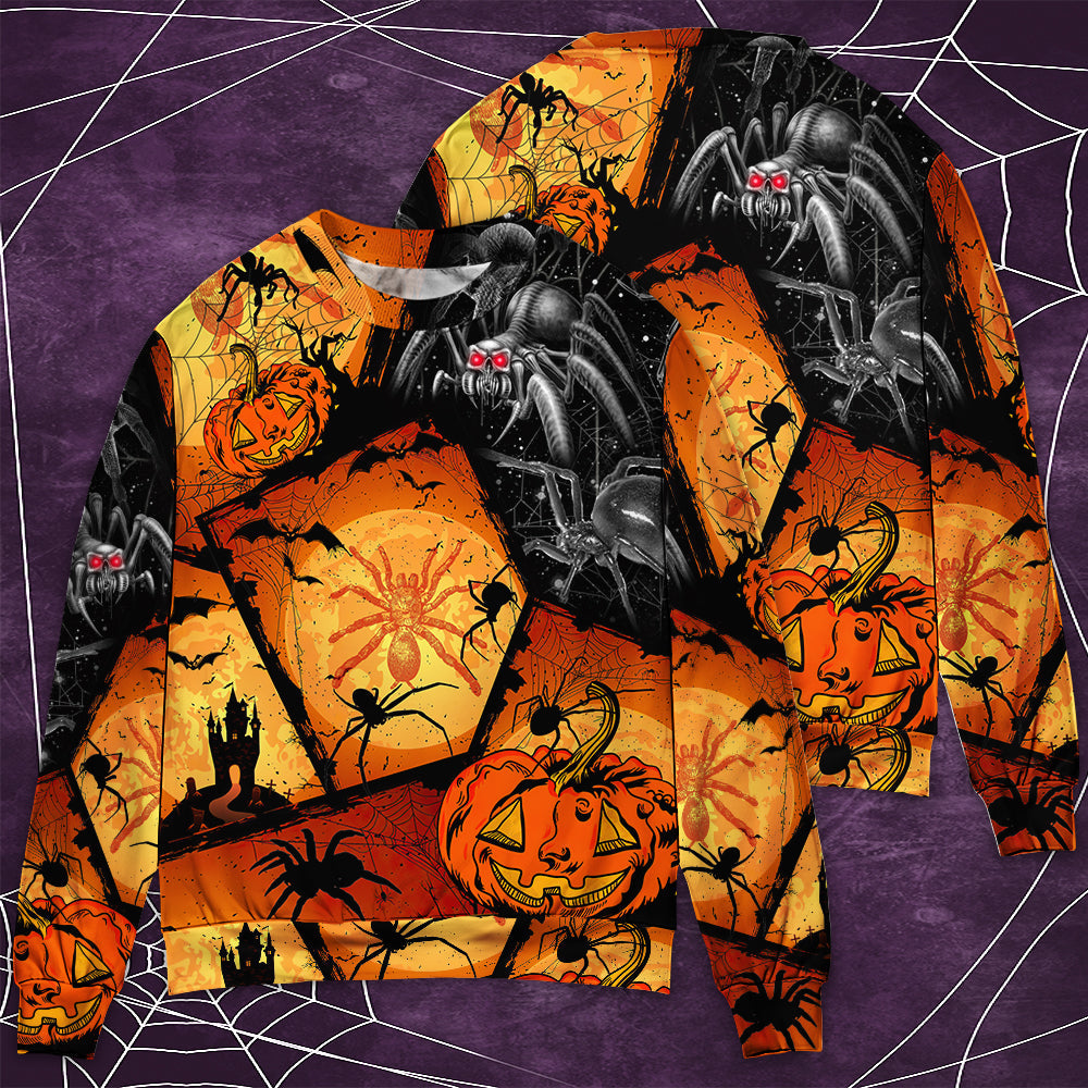 Halloween Spider Pumpkin Night Sweater For Art Fans Travel Parties And Distinctive Casual Style