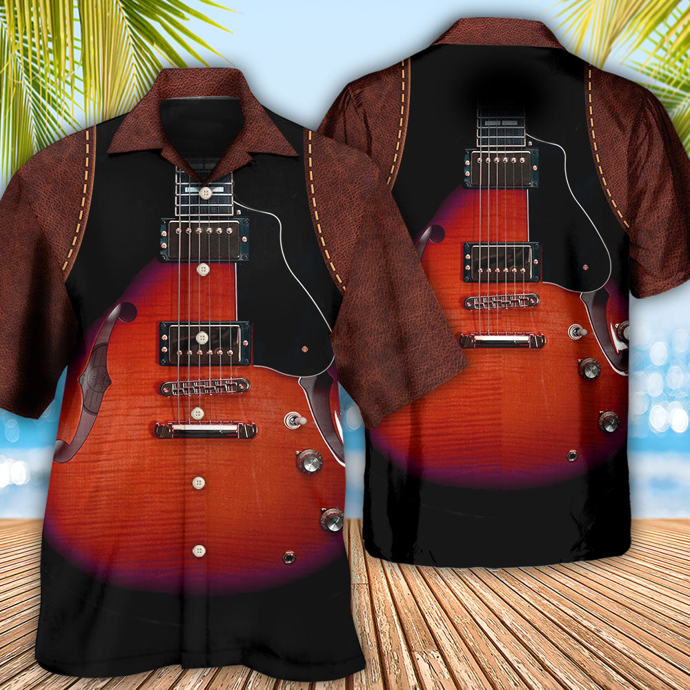 Red Vintage Guitar Leather Hawaiian Shirt For Summer Events And Casual Outdoor Wear