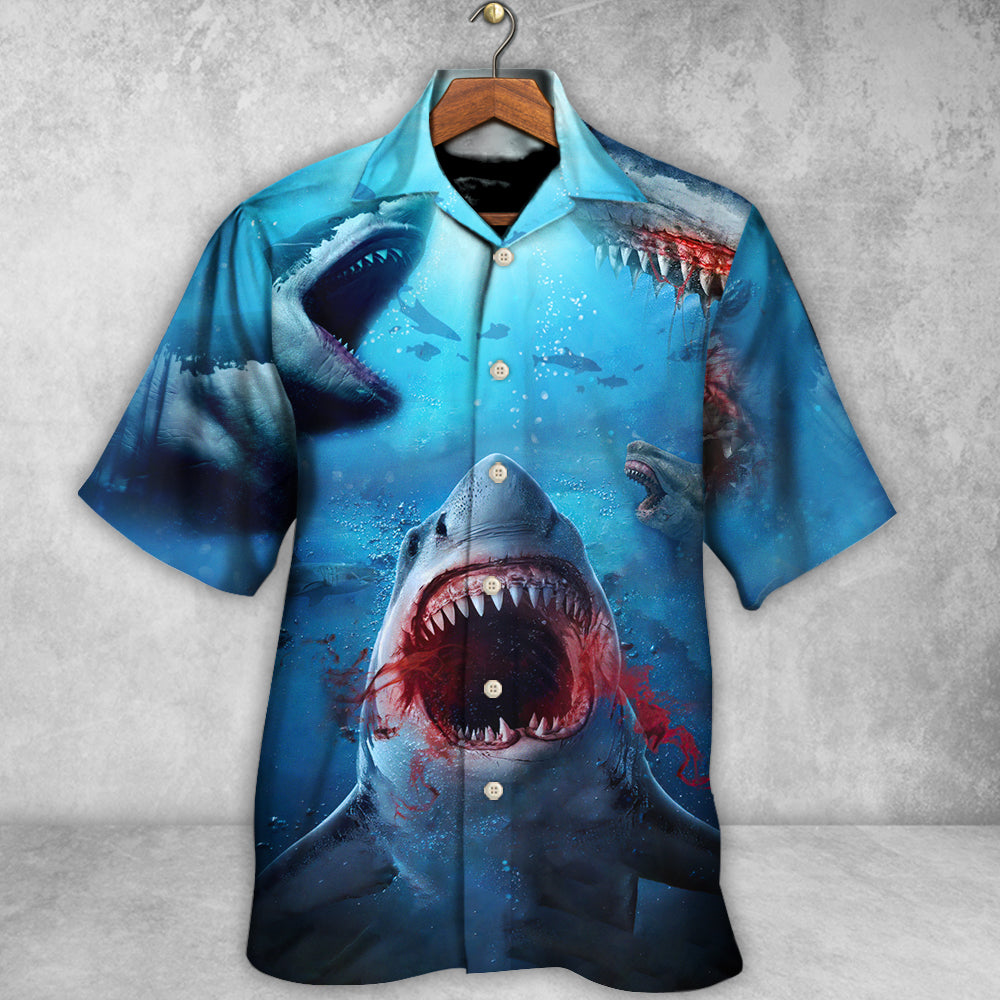 Red Shark Bites Sea Hawaiian Shirt Design Detail For Beach Days And Holiday Travel