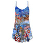 Christmas Patriotic Santa Theme V-Neck Sleeveless Cami Dress For Vacations And Casual Warm Weather Wear