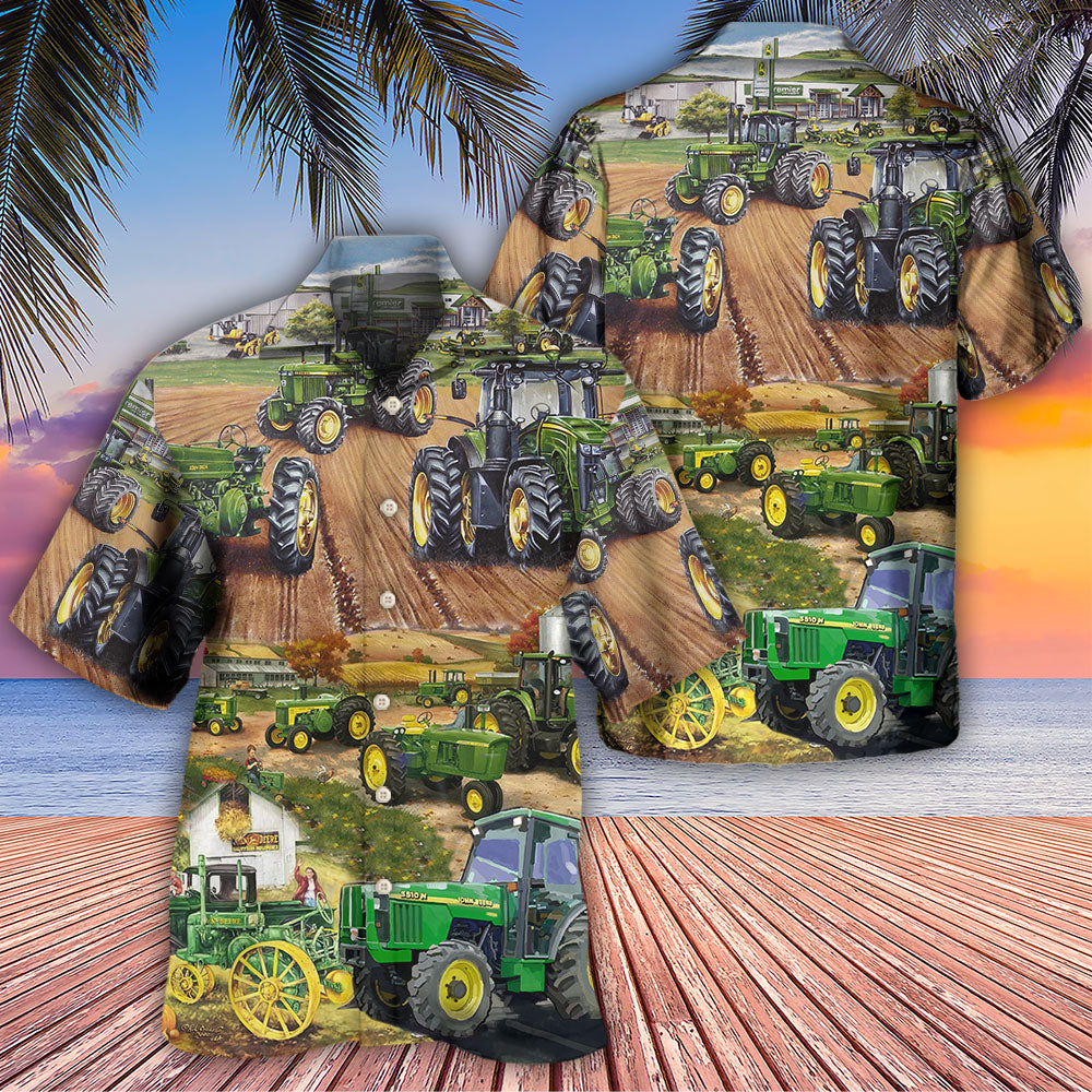 Green Tractor Farm Hawaiian Shirt Pattern Detail For Summer Holidays And Outdoor Fun