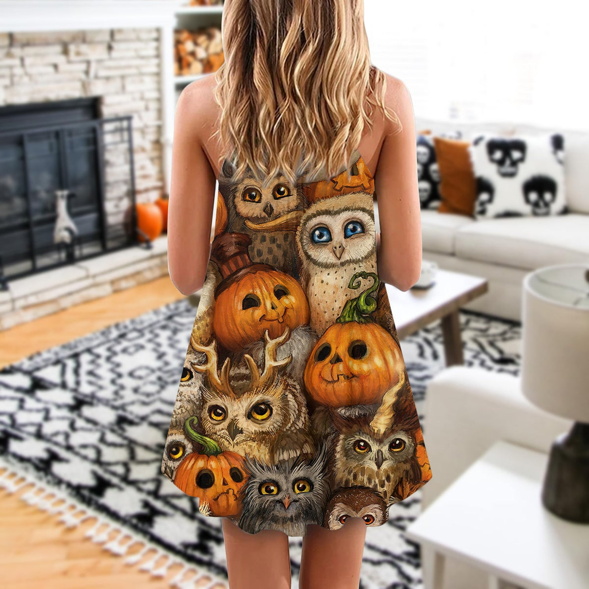 Halloween Owl Pumpkin Pattern V-Neck Sleeveless Cami Dress For Festivals Travel And Relaxed Casual Summer Wear