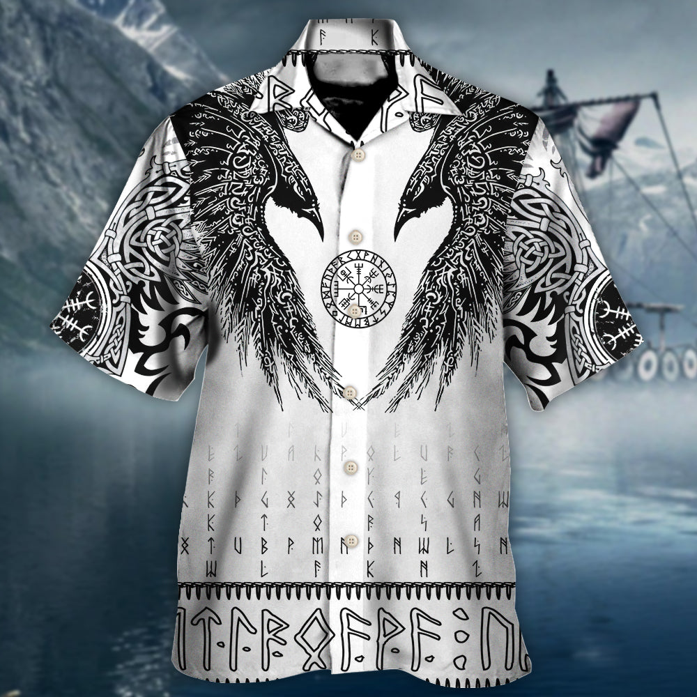 Black Norse Warrior Runic Raven Scandinavian Hawaiian Shirt Design Detail For Beach Days And Holiday Travel