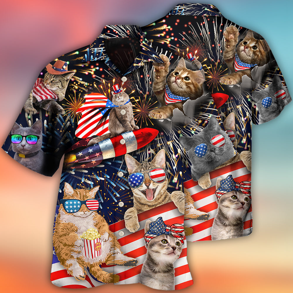 Patriotic Cat Fireworks Celebration Hawaiian Shirt For Holiday Gatherings, Coastal Trips, And Proud Seasonal Style