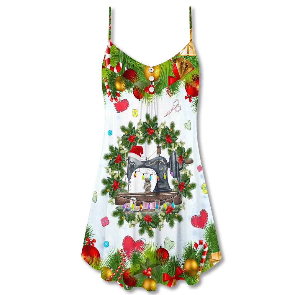 Christmas Sewing Machine Happy Place V-Neck Sleeveless Cami Dress For Vacations And Casual Warm Weather Wear
