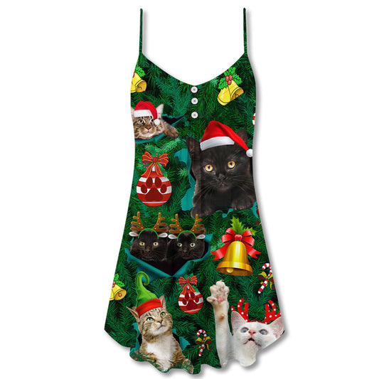 Christmas Cats Meowy Holiday V-Neck Sleeveless Cami Dress For Festivals Travel And Relaxed Casual Summer Wear