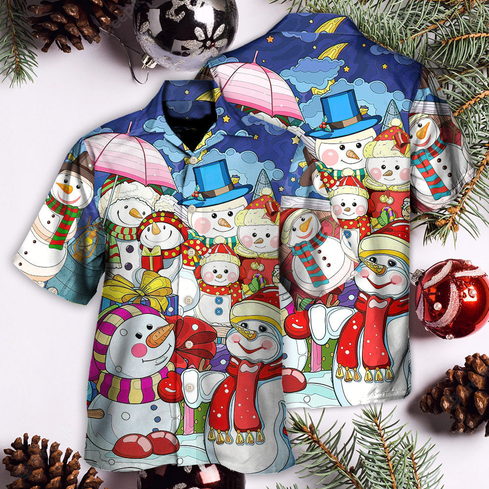Happy Snowman Christmas New Year Hawaiian Shirt Design Detail For Beach Days And Holiday Travel
