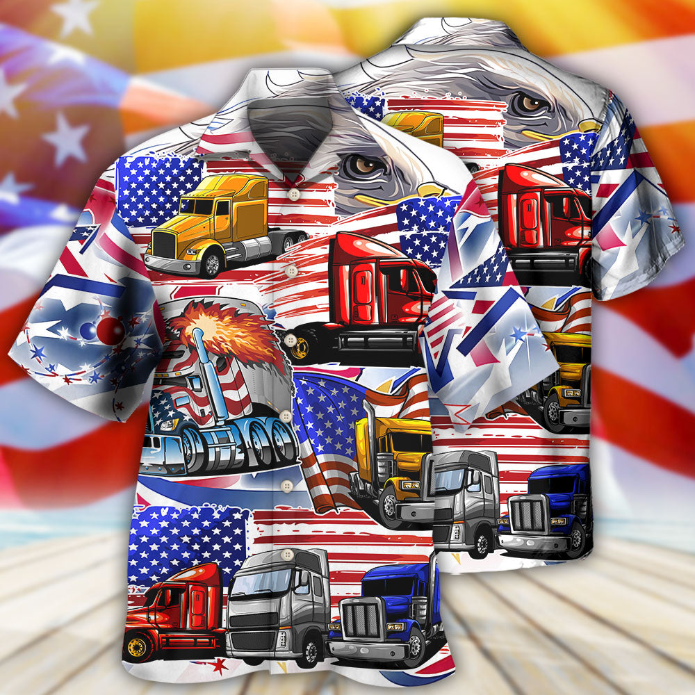 Truck USA Flag Independence Day Hawaiian Shirt Pattern Detail For Vacation Travel And Daily Wear