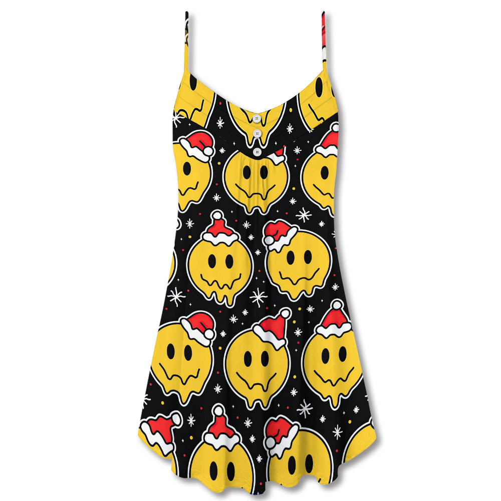 Christmas Smiling Face Santa Hat V-Neck Sleeveless Cami Dress For Festive Events And Casual Summer Styling